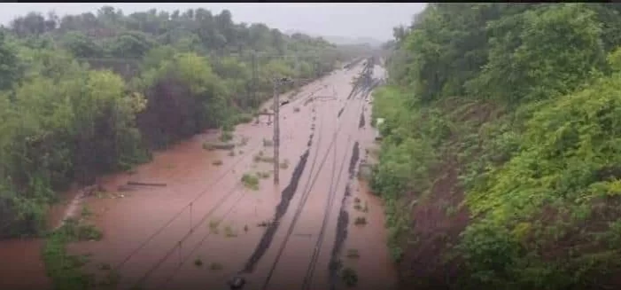 मुसळधार पावसाचा कोकण रेल्वेला फटका ; वैभववाडीत रेल्वे रुळ गेले पाण्याखाली…!