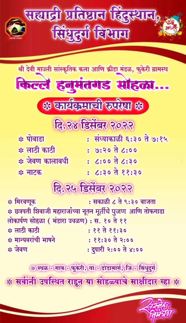 फुकेरी येथील किल्ले हनुमंतगड येथे छत्रपती शिवाजी महाराज स्मारक जीर्णोद्धार आणि तोफगाडा लोकार्पण सोहळ्याचे आयोजन…!