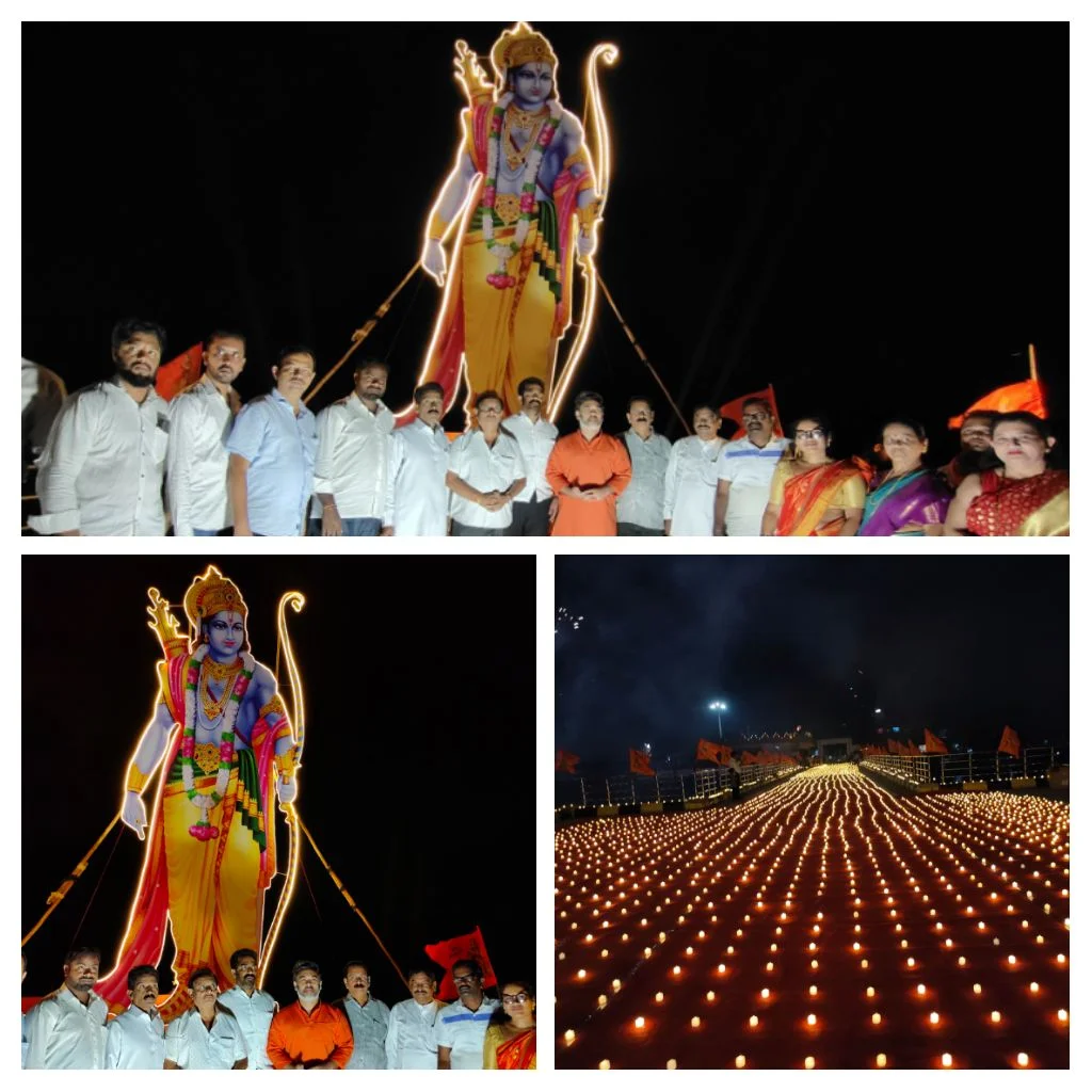 भाजपा नेते निलेश राणे यांच्या संकल्पनेतून मालवण जेटी येथे प्रभू श्रीरामांची ३० फूट उंच भव्य प्रतिमा २५ हजार विद्युत दिव्यांची रोषणाई.