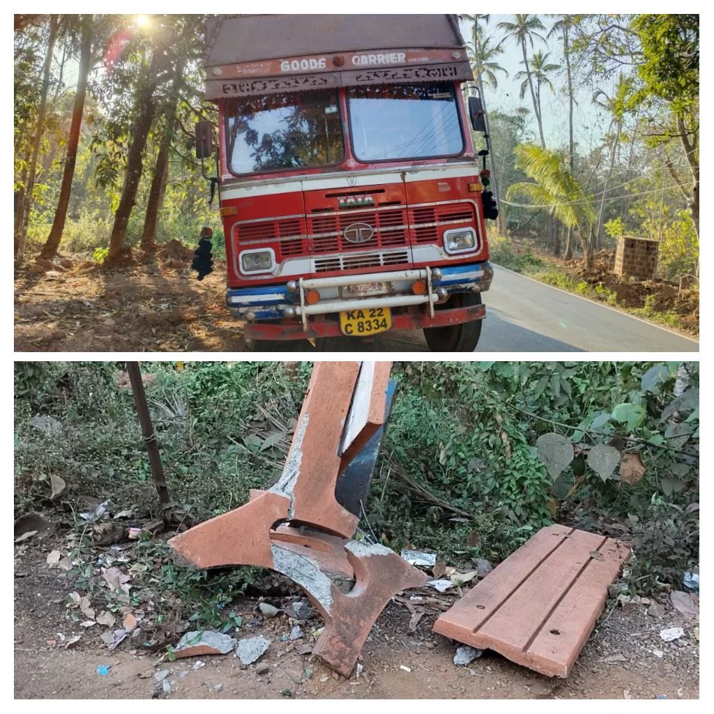 धामापूर येथे चिरे वाहतूक ट्रकची दोन दुचाकींना धडक ; रस्त्यालगतचा सिमेंटच्या बेंचचेही झाले तुकडे..!