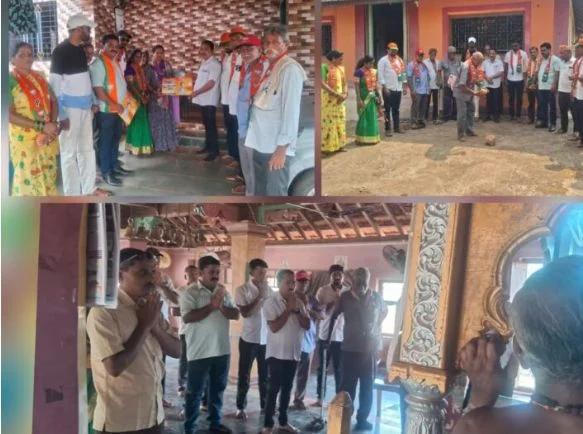 शेर्पे येथे काळेश्वरी मंदिरात श्रीफळ वाढवून महायुतीचे उमेदवार नारायण राणे यांच्या प्रचाराचा आरंभ.